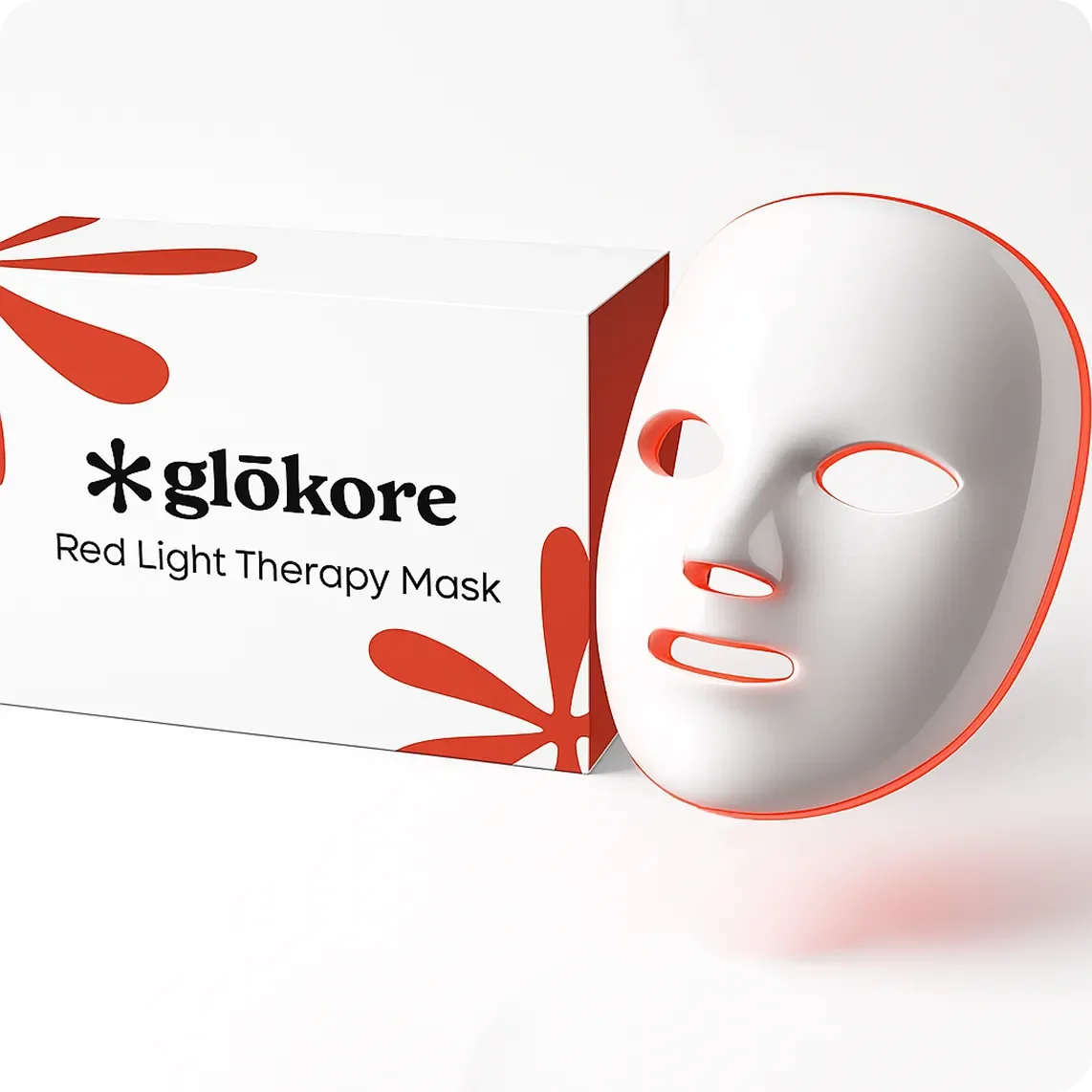 The Glokore LED light therapy mask next to its box